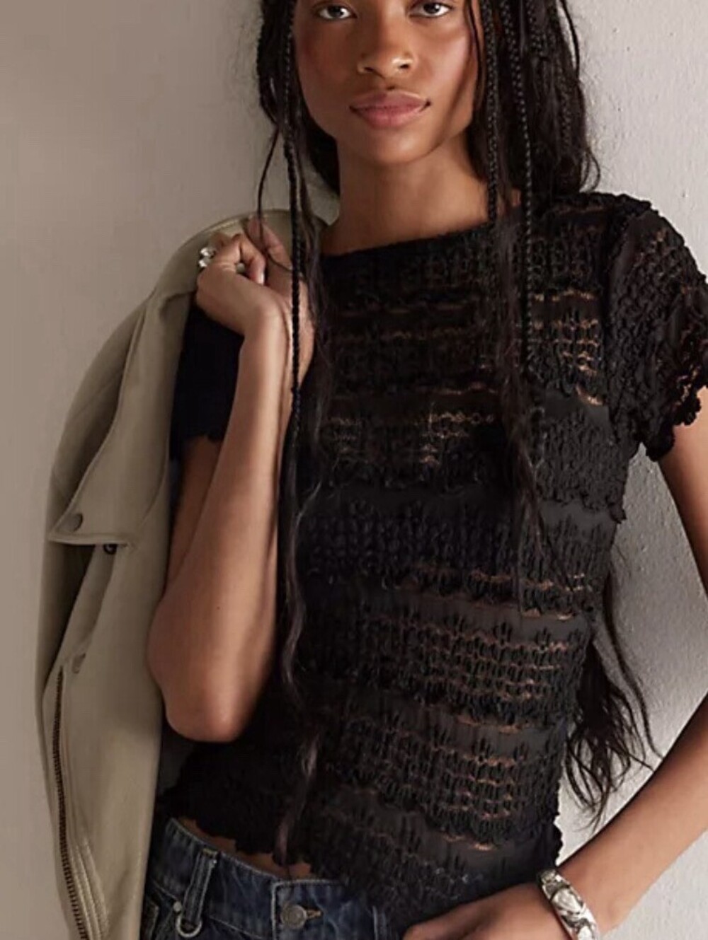 Free People Angelina Lace Mesh Striped Short Sleeve $68 New Sexy Goth Boho